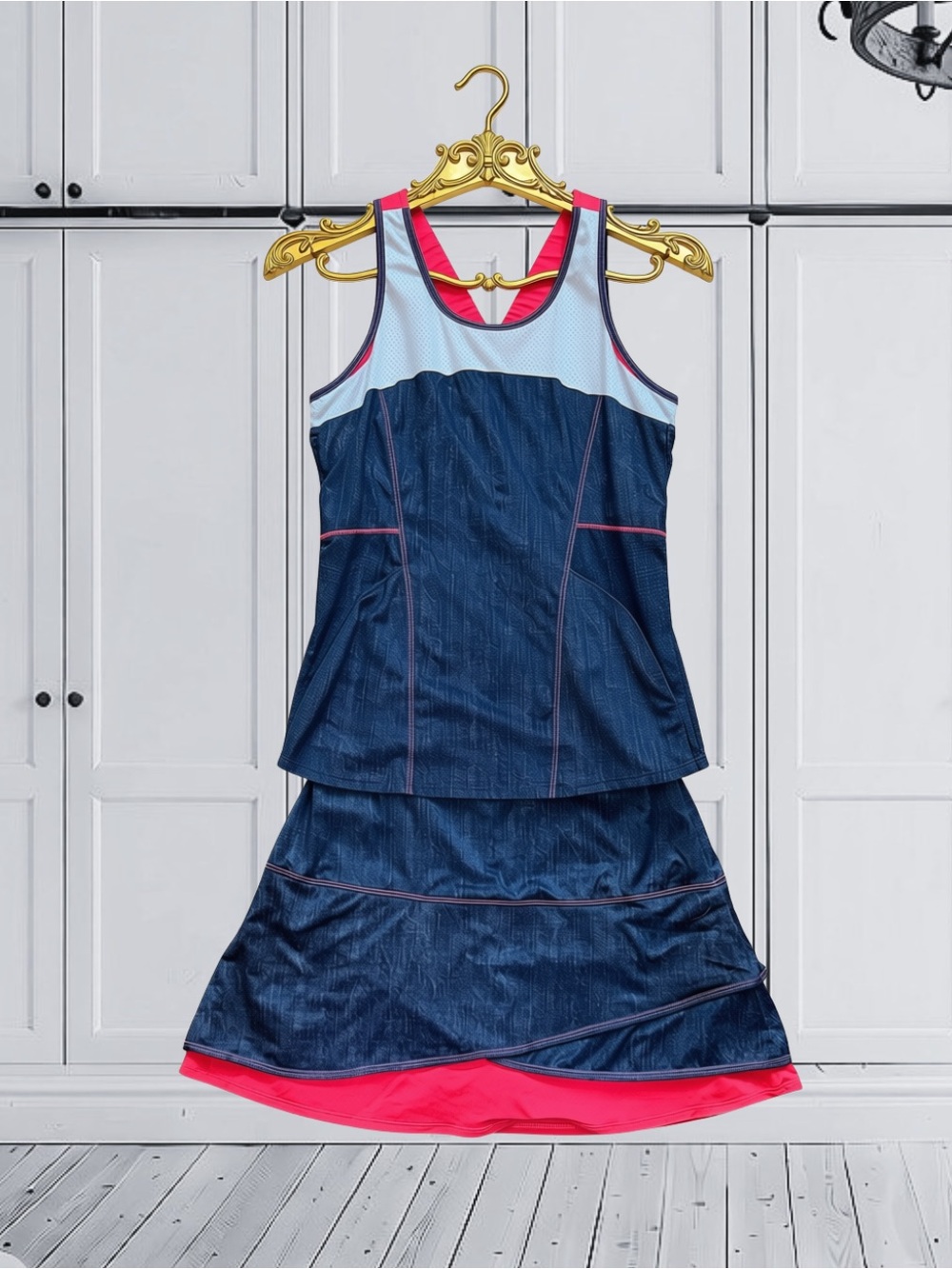 Lucky in Love Navy and Hot Pink Athletic Midi Dress with Light Blue Yoke